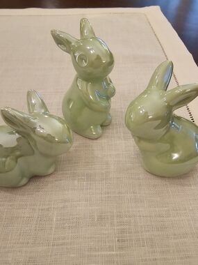 Green Iridescent Ceramic Bunny Figurine Trio - Home Accents Decor